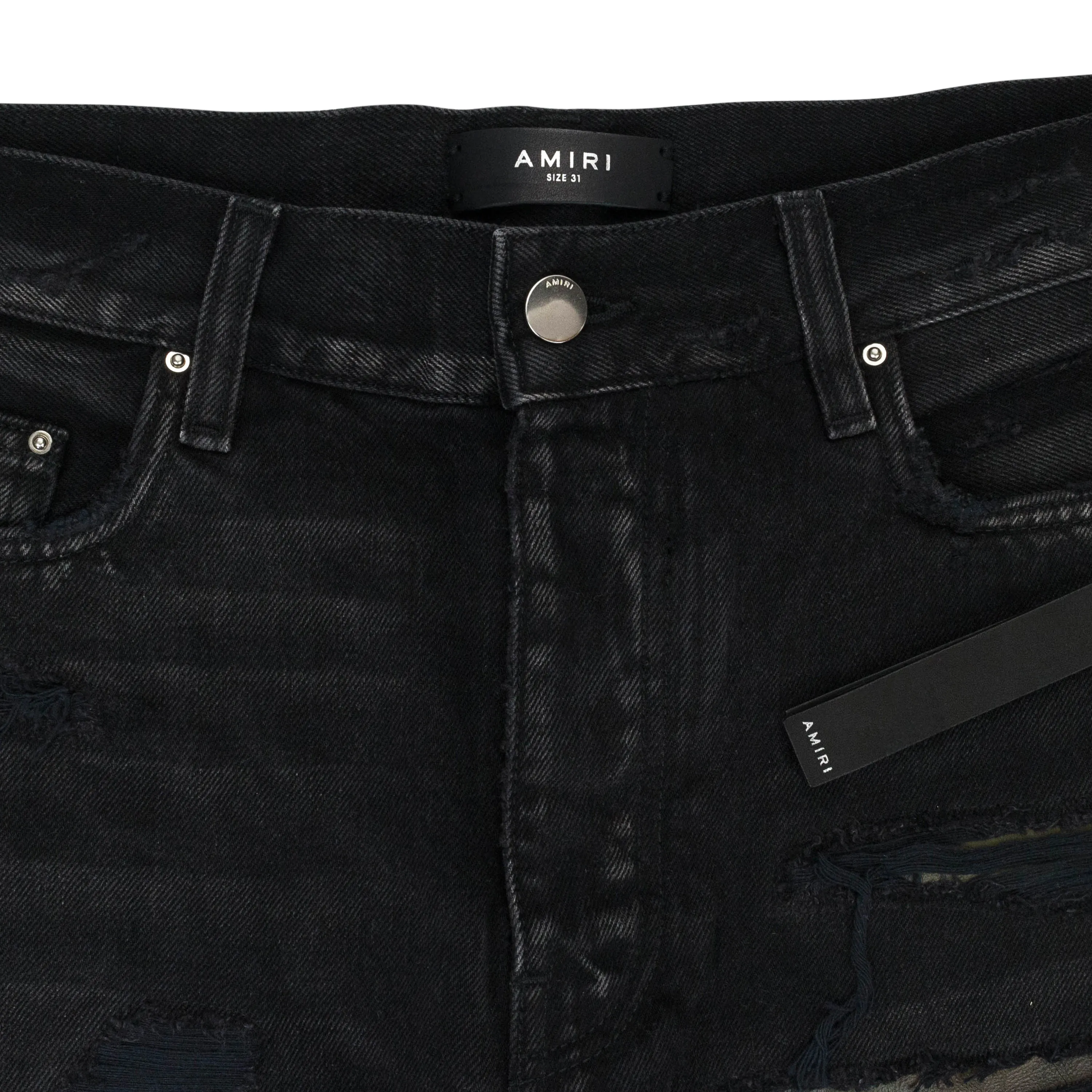 AMIRI CAMO PATCH SHORT AGED BLACK DENIM SHORTS