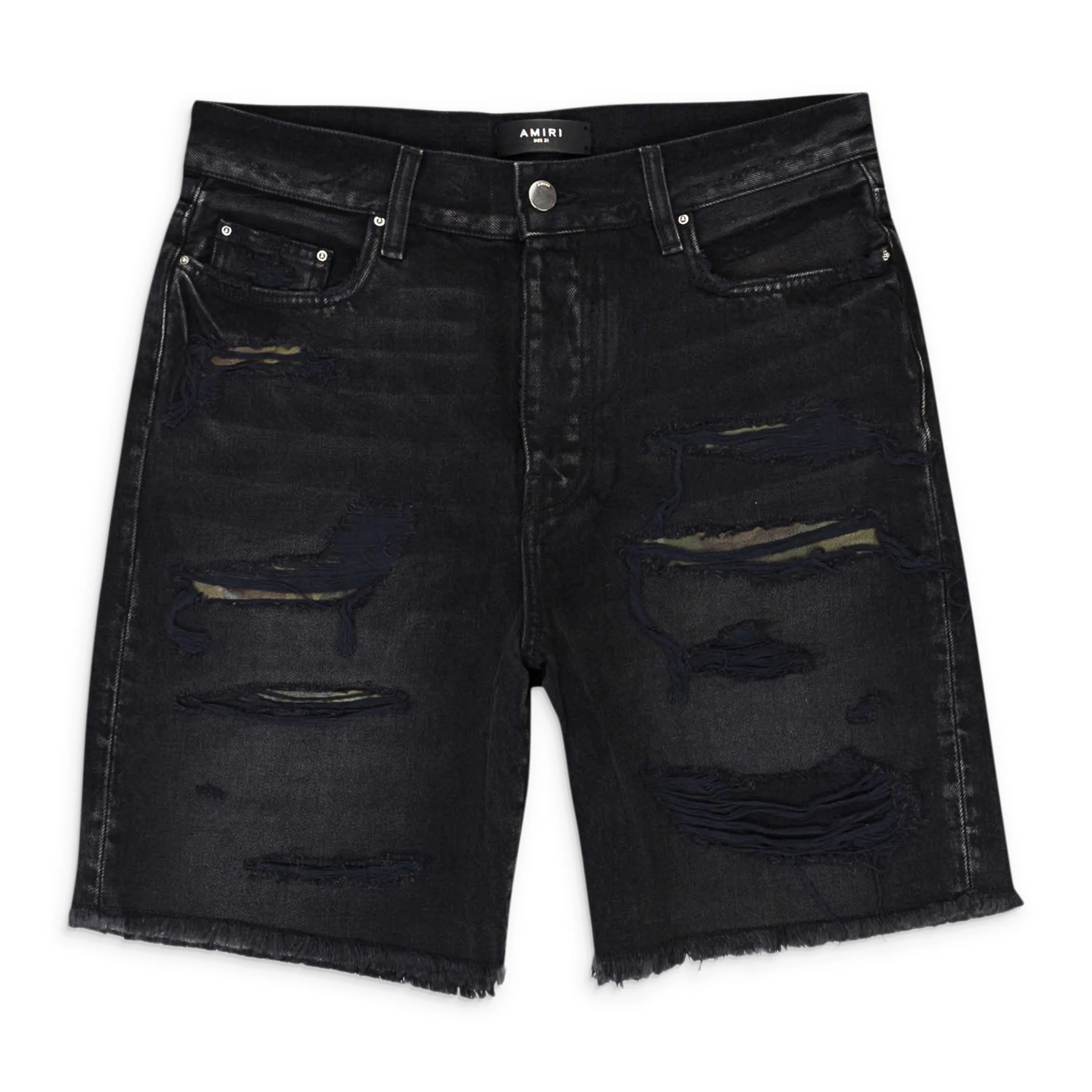 AMIRI CAMO PATCH SHORT AGED BLACK DENIM SHORTS