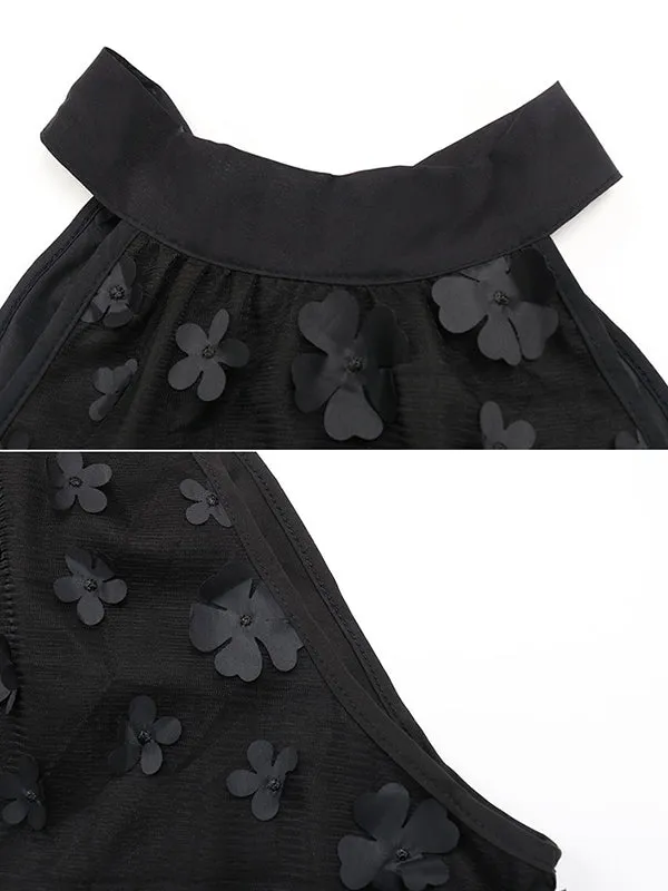 Applique Gauze Lace-Up Solid Color Split-Joint Loose Sleeveless Halter-Neck Vest Top Blouses&Shirts Tops