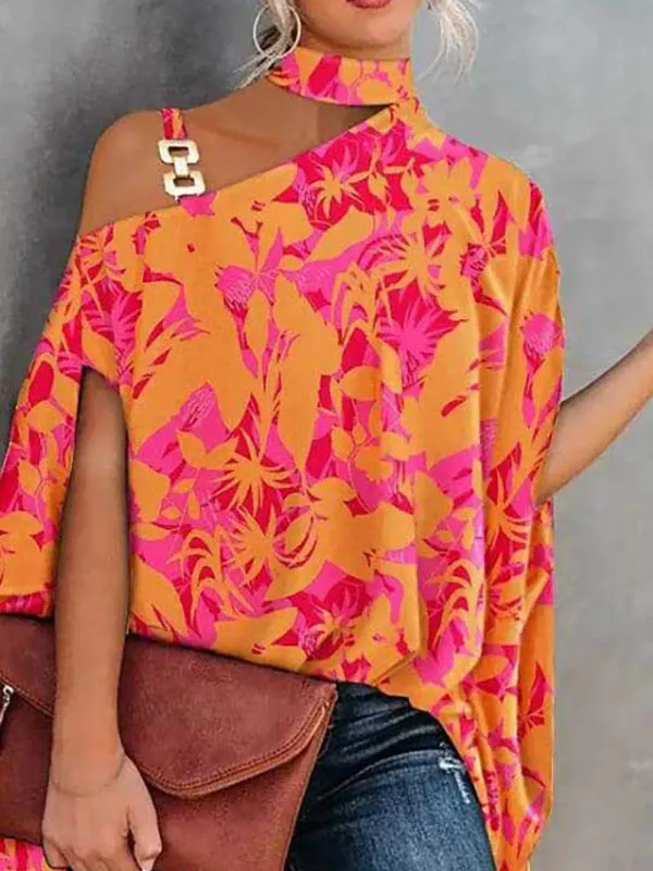 Asymmetric Chains Hollow Printed Batwing Sleeves Loose Asymmetric Collar Blouses&shirts Tops