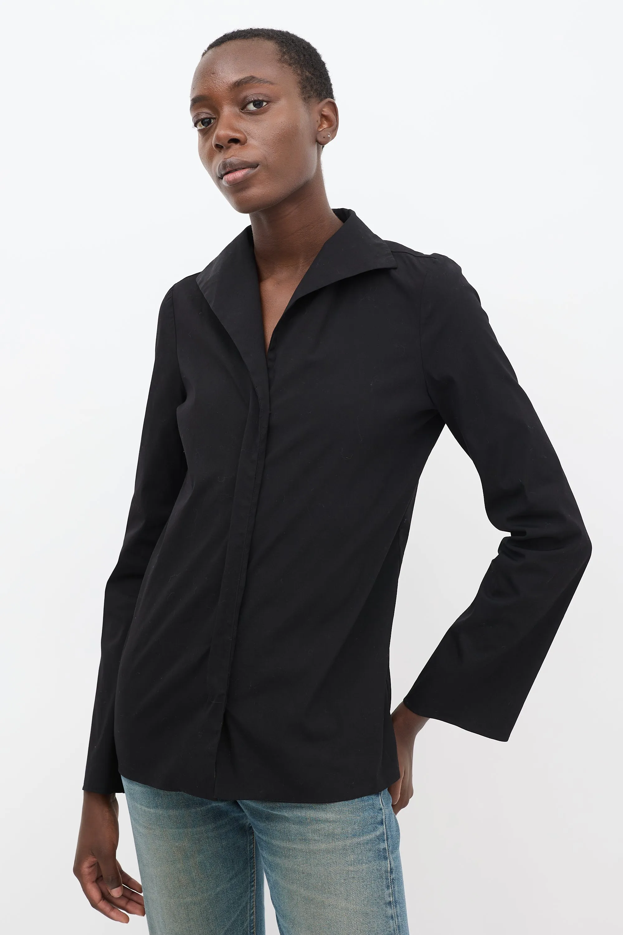 Black Cotton Flared Sleeve Shirt