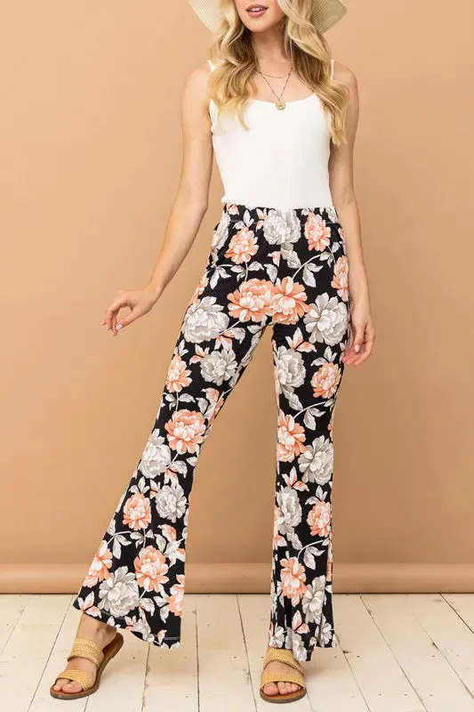 Black Floral Wide Leg Bell Bottom Pants