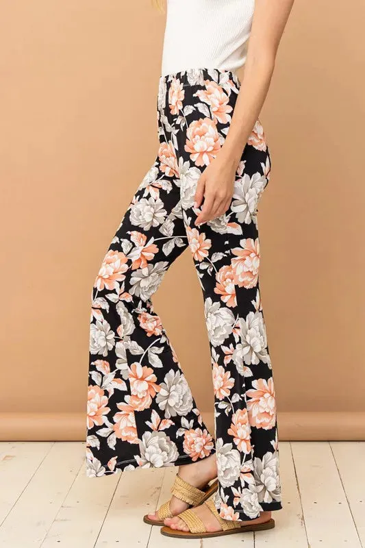 Black Floral Wide Leg Bell Bottom Pants