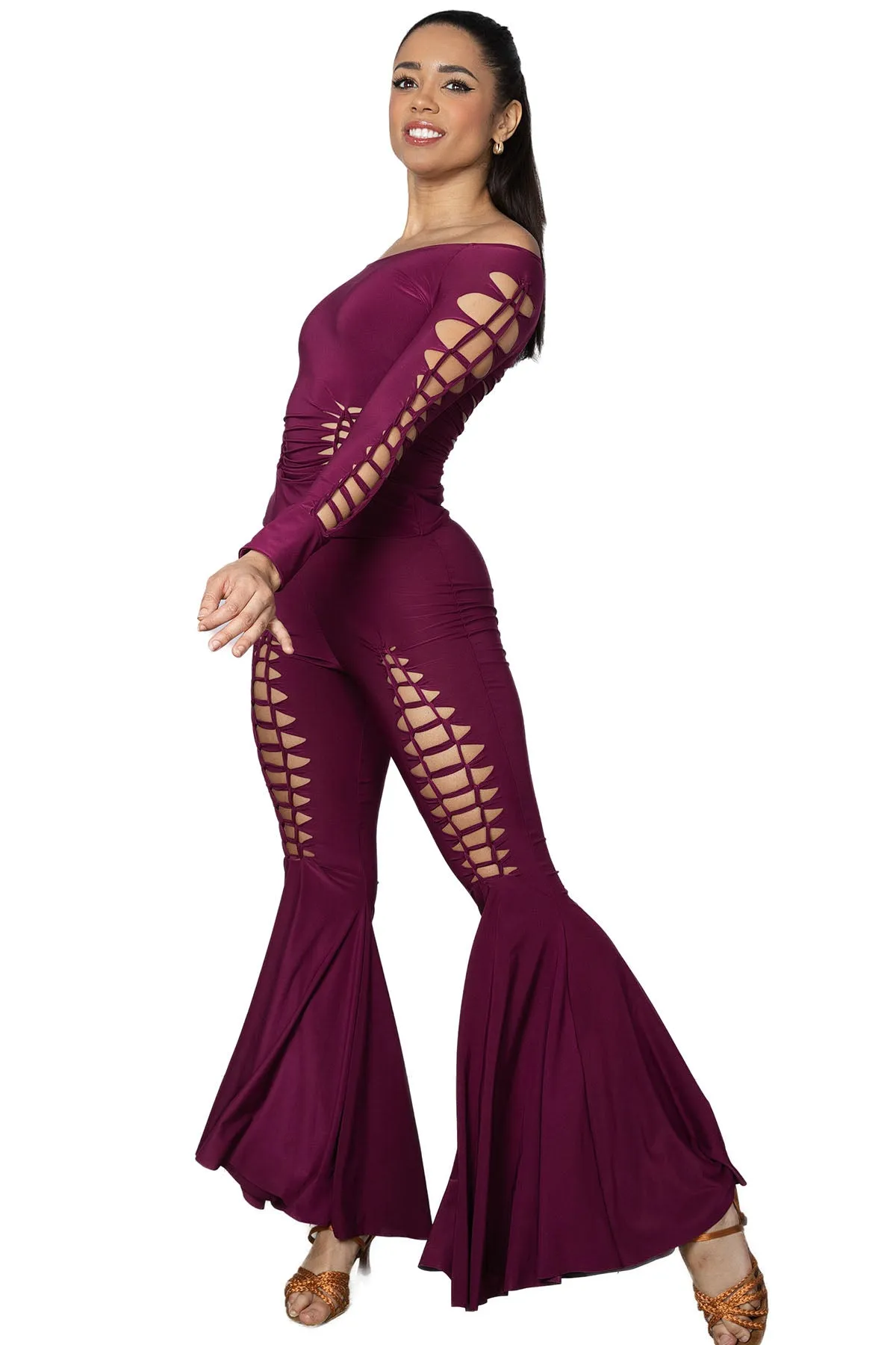 Dance America P2404 Women's Crochet Bell Bottom Ballroom Practice or Teaching Dance Pants in Stock