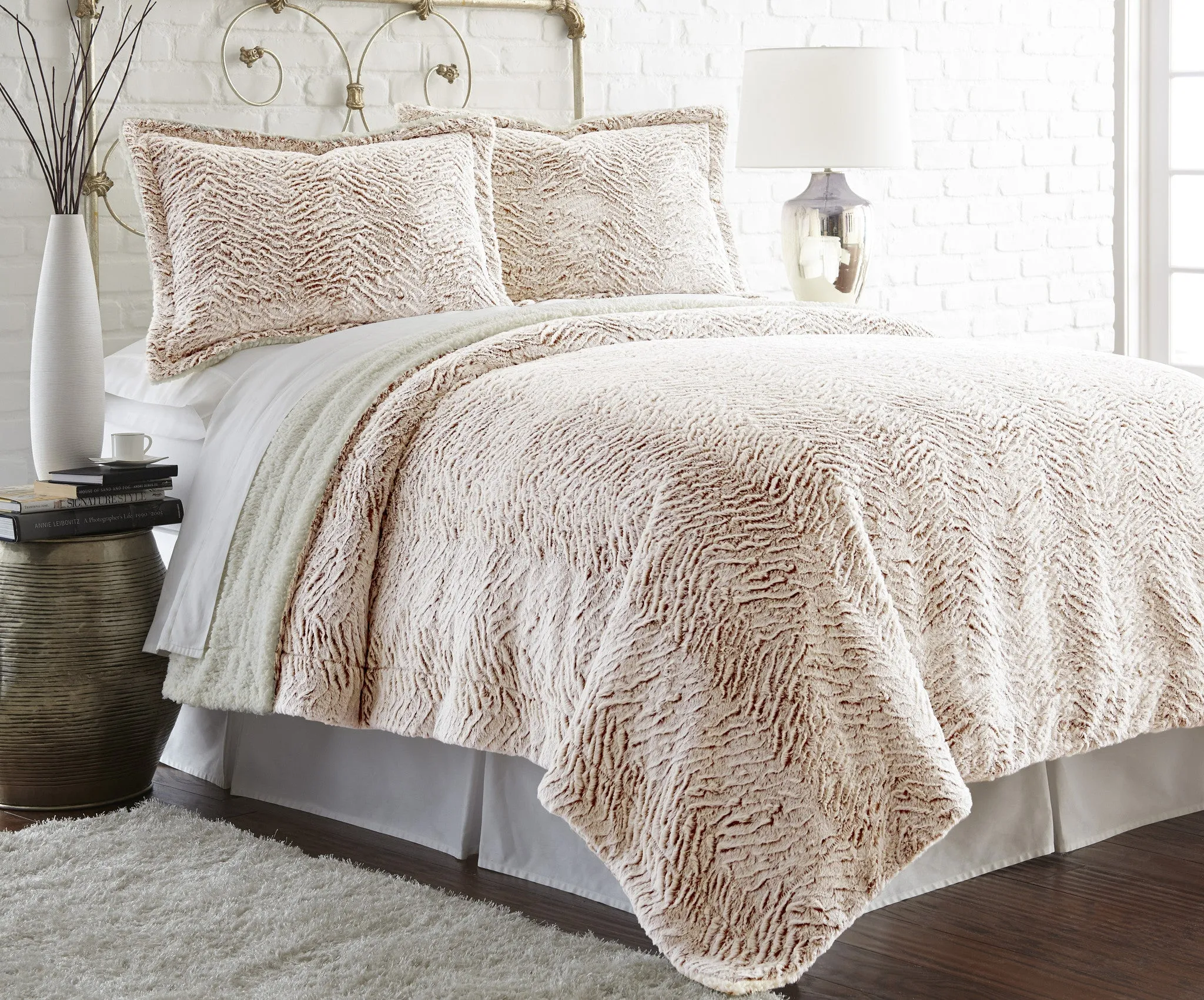 Faux fur/Sherpa 3 Piece Comforter Set Dust Full/Queen