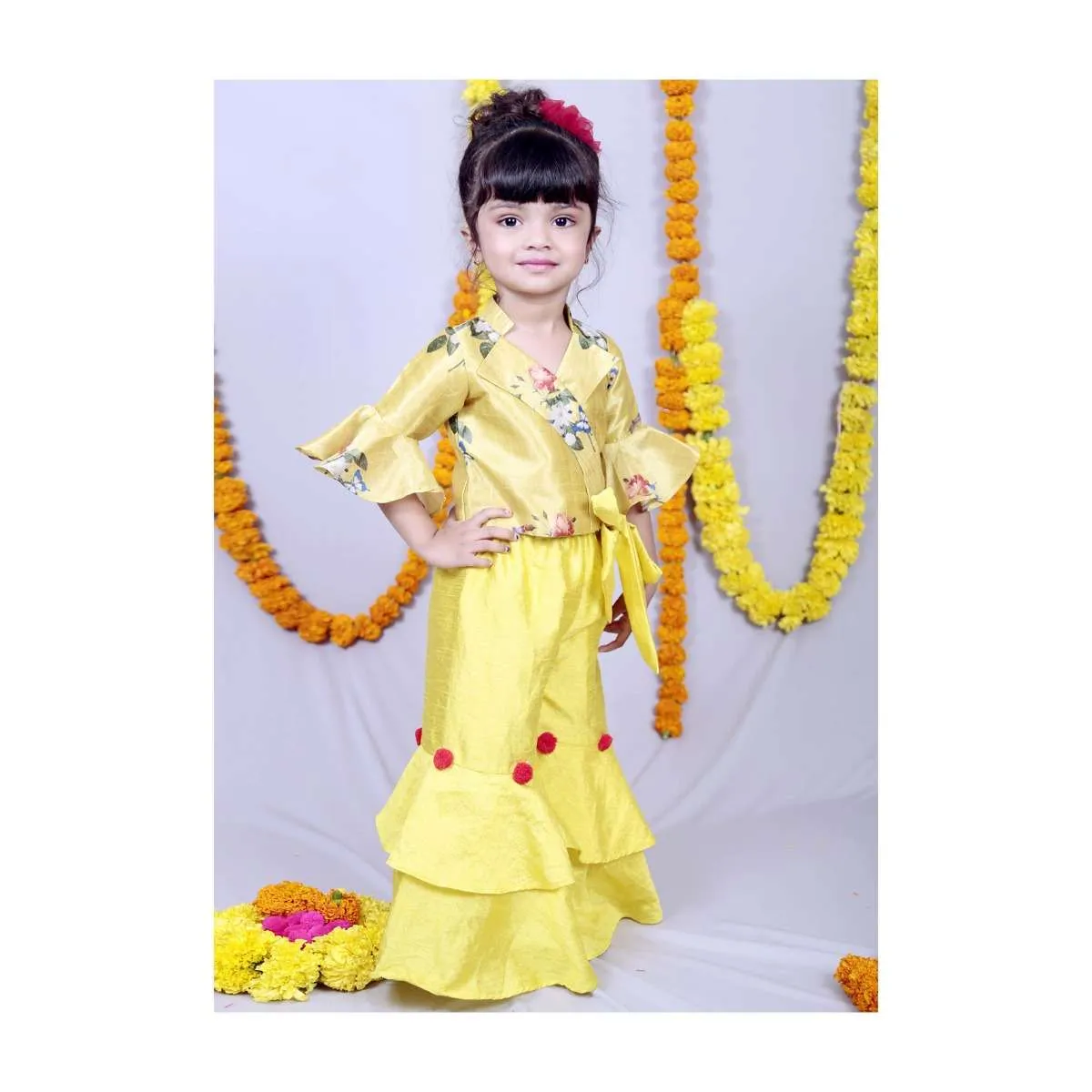 Featuring Green Yellow Layered Palazzo Set With Printed Blouse Online - Kalki Fashion