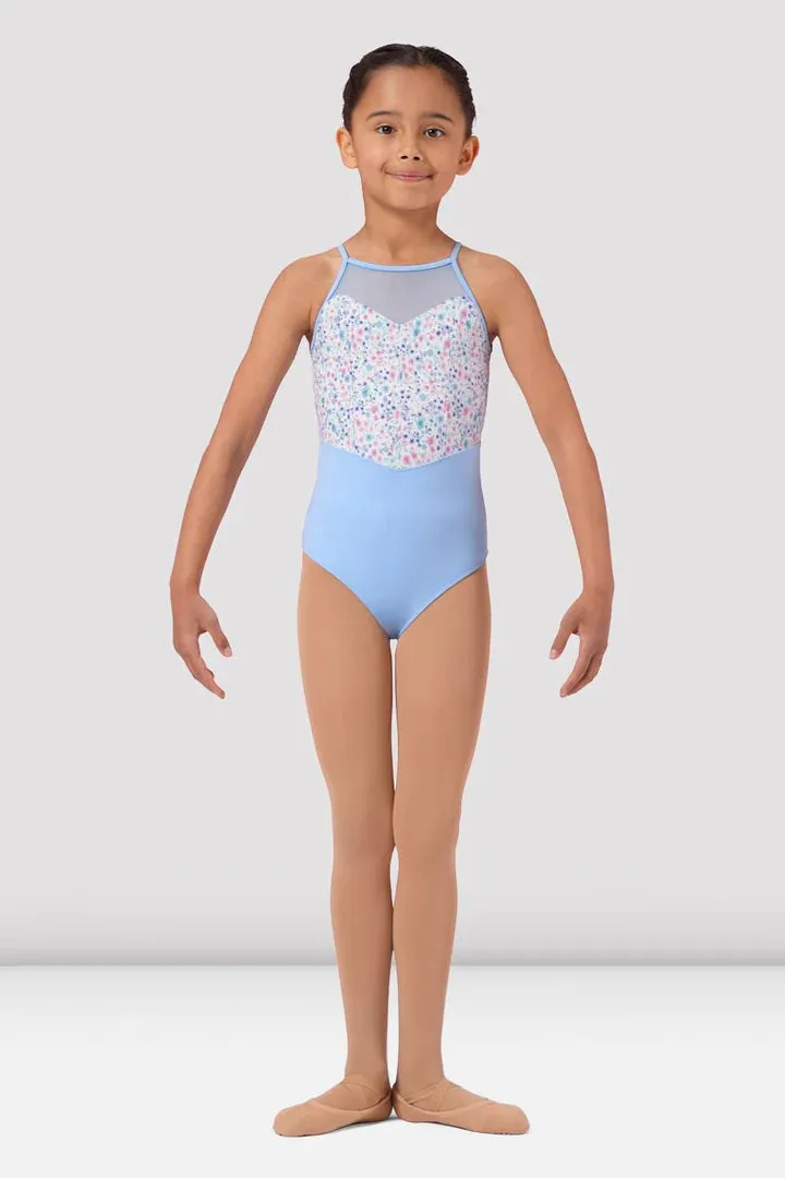 Girls Blue Floral Print Halter Leotard