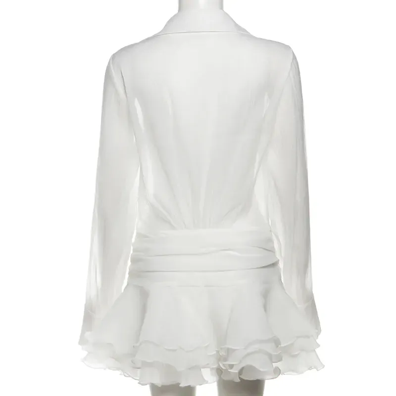 Lapel V-neck flared sleeve mesh slim dress