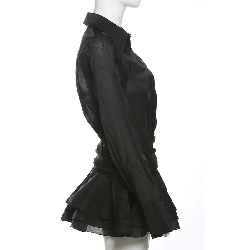 Lapel V-neck flared sleeve mesh slim dress