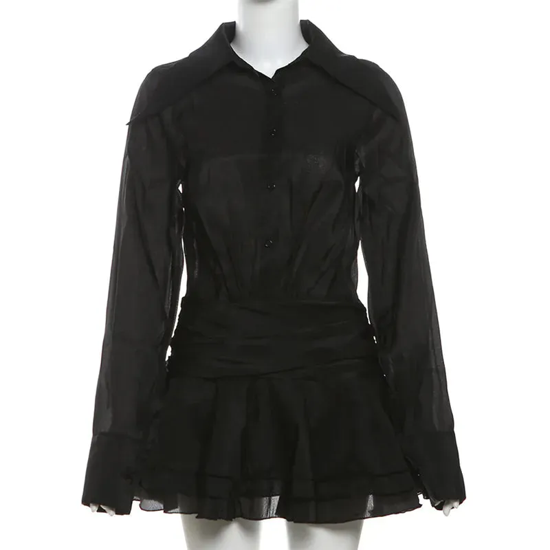 Lapel V-neck flared sleeve mesh slim dress