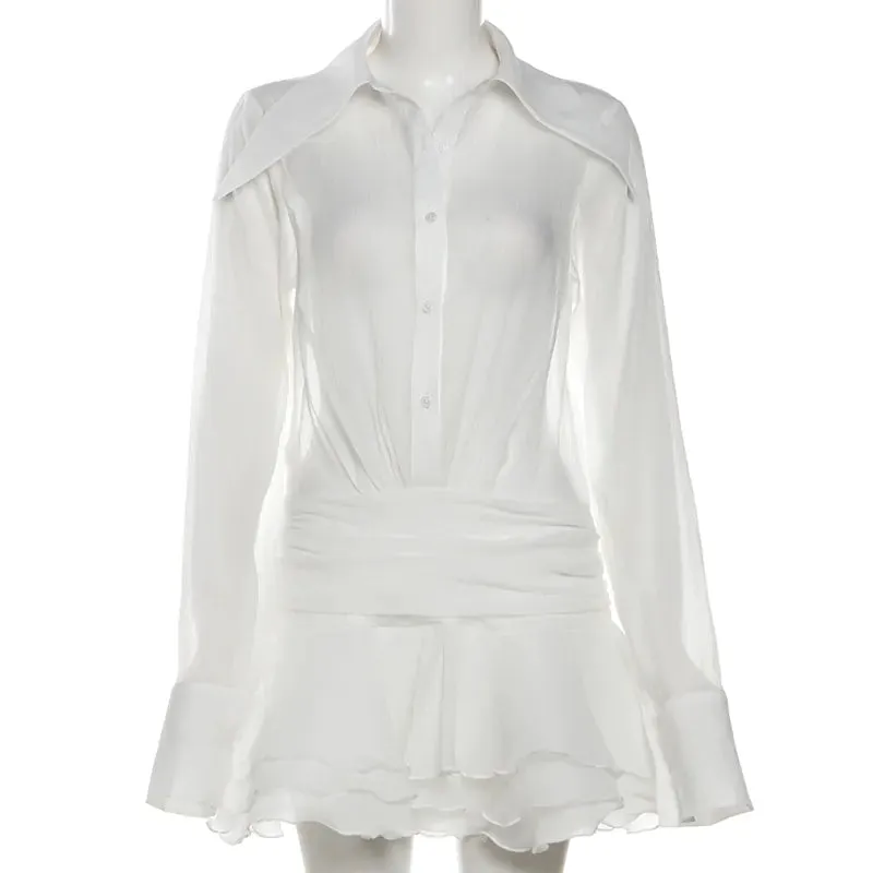 Lapel V-neck flared sleeve mesh slim dress