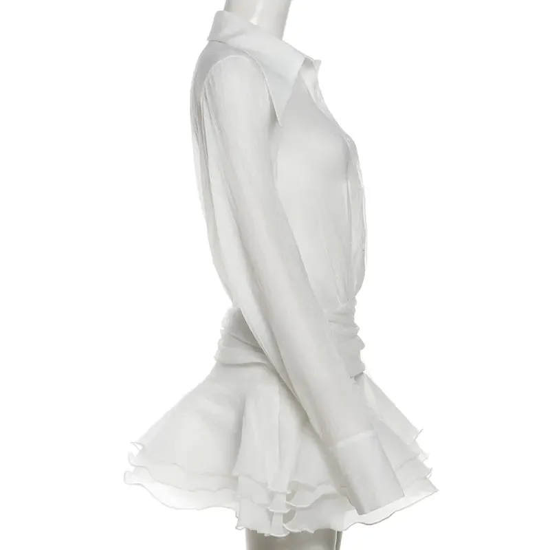 Lapel V-neck flared sleeve mesh slim dress