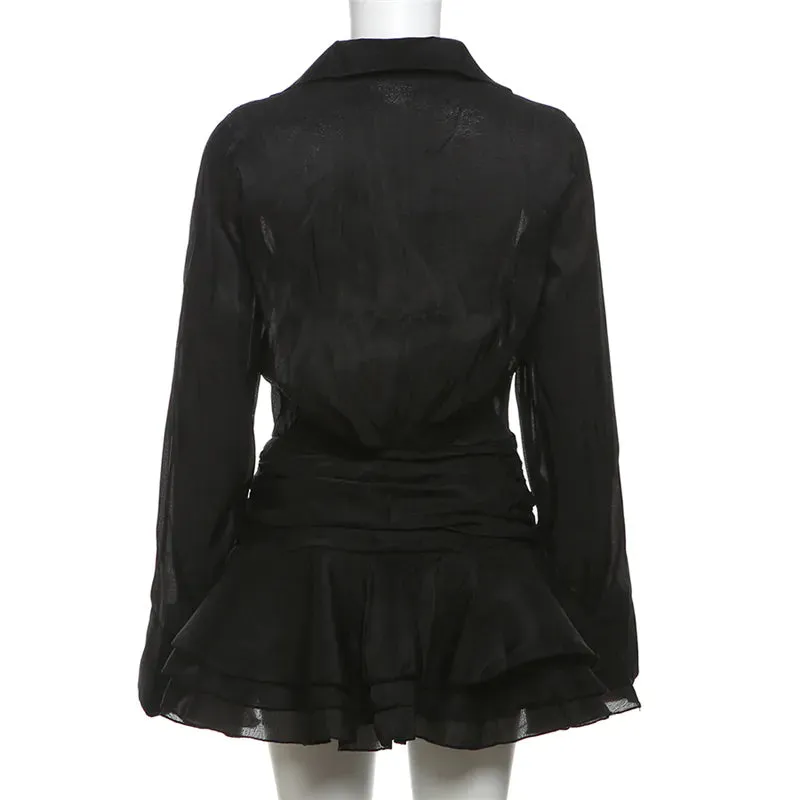 Lapel V-neck flared sleeve mesh slim dress
