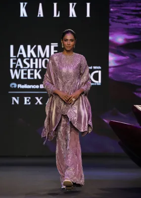 Lilac Embroidered Short Kurti Suit With Bell Bottom Pant
