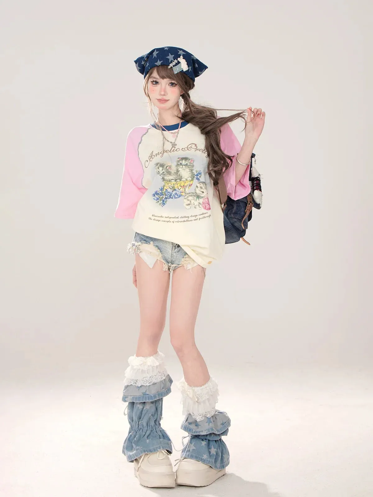 Loose Raglan T-Shirt Print Cat Cute