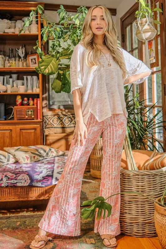 Peach Floral Stripe Flare Bell Bottom Pants