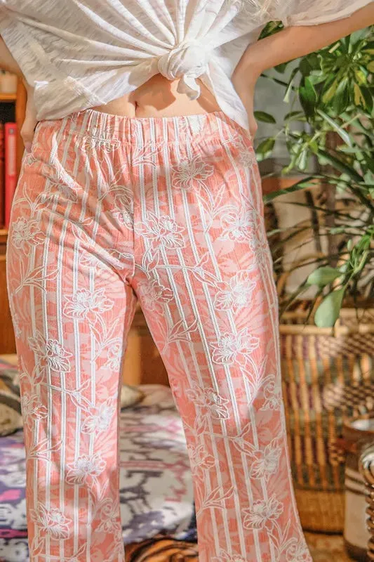 Peach Floral Stripe Flare Bell Bottom Pants