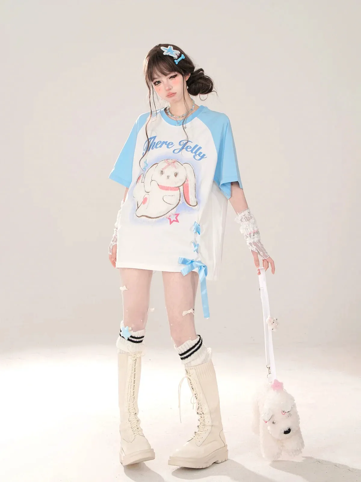 Raglan New T-Shirt Pink Blue Loose Rabbit and Design