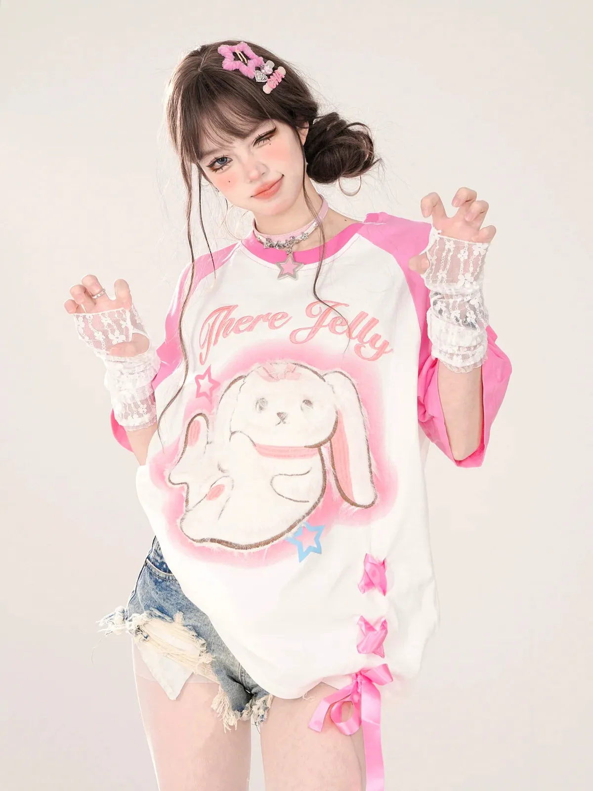 Raglan New T-Shirt Pink Blue Loose Rabbit and Design