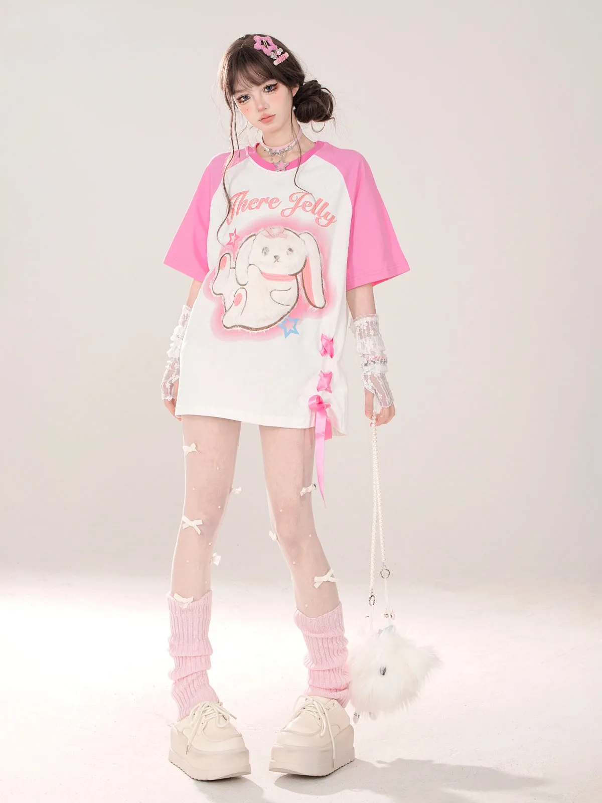 Raglan New T-Shirt Pink Blue Loose Rabbit and Design