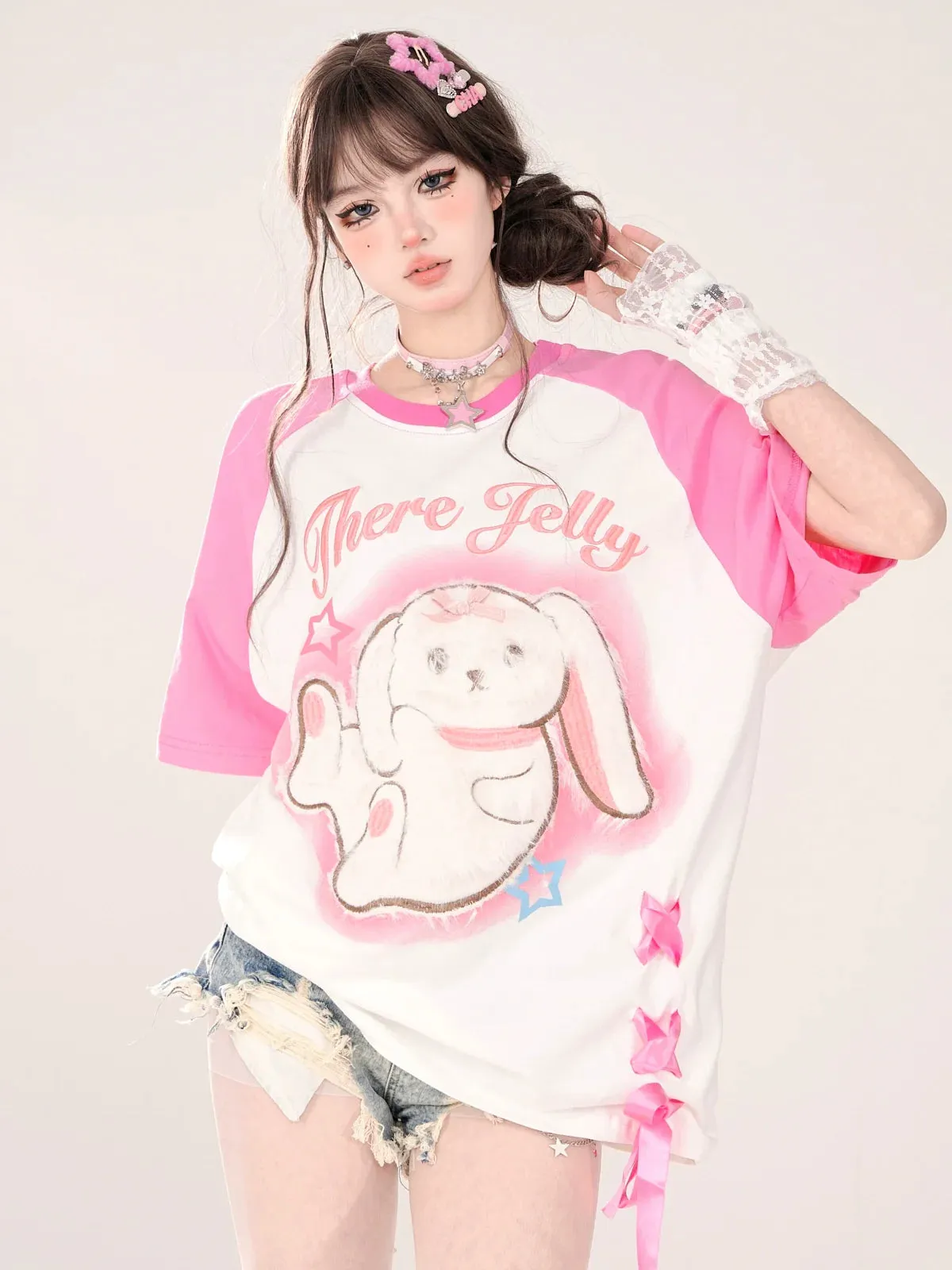 Raglan New T-Shirt Pink Blue Loose Rabbit and Design