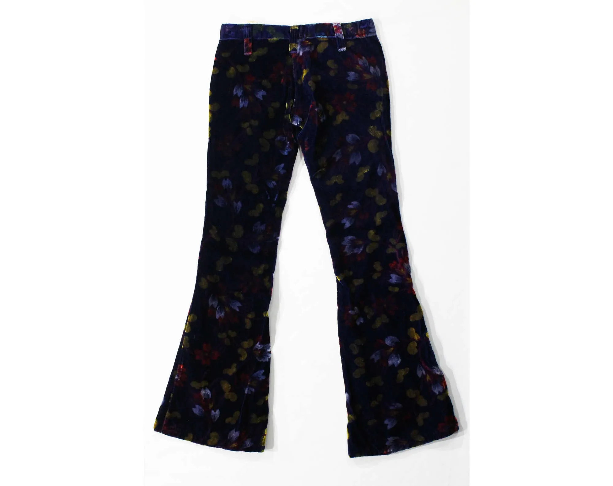 Size 12 Girl's Bellbottom Pants - Terrific 1970s Navy Floral Velvet Children's Pre Teen Trousers - Girls Low Rise 1970s Hippie Bell Bottoms