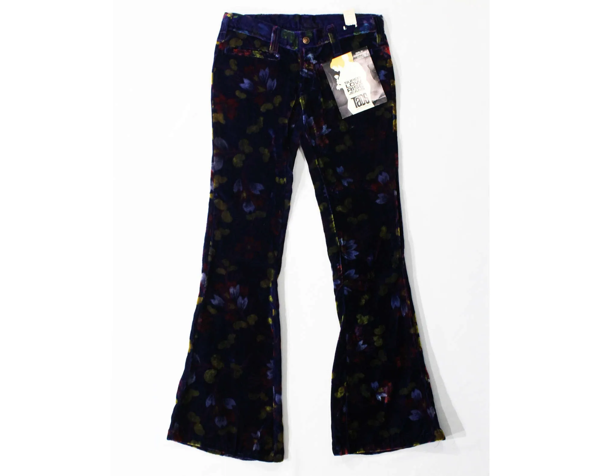 Size 12 Girl's Bellbottom Pants - Terrific 1970s Navy Floral Velvet Children's Pre Teen Trousers - Girls Low Rise 1970s Hippie Bell Bottoms