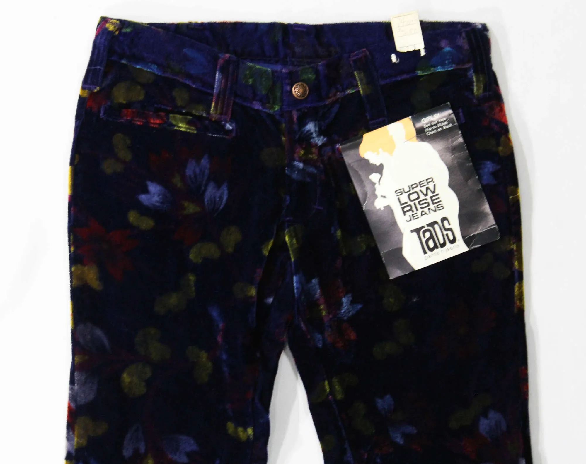 Size 12 Girl's Bellbottom Pants - Terrific 1970s Navy Floral Velvet Children's Pre Teen Trousers - Girls Low Rise 1970s Hippie Bell Bottoms