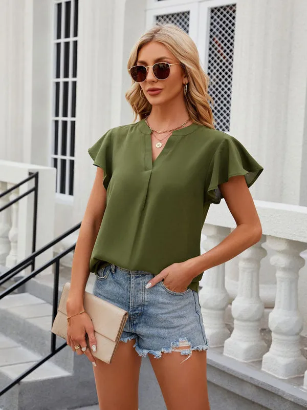 Solid Color Blouse | V-Neck & Flounce Sleeves Top