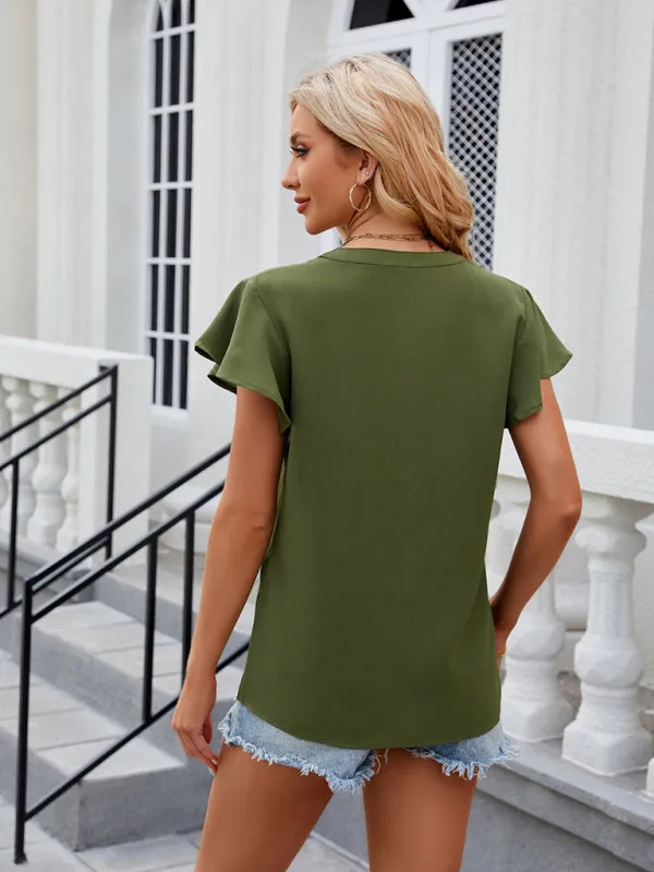 Solid Color Blouse | V-Neck & Flounce Sleeves Top