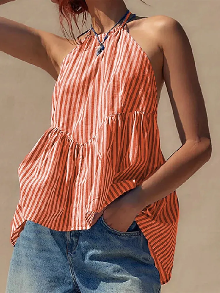 TAVIMART  -  Striped Halterneck Tops Women 2024 Summer Sexy Straps Backless Shirts Blouses Female Casual Sleeveless Y2k Holiday Beachweaer