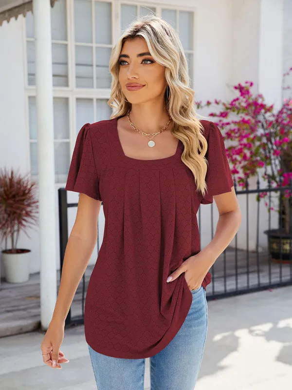 Textured Square-Neck Blouse | Flounce Sleeves & Pleated Top