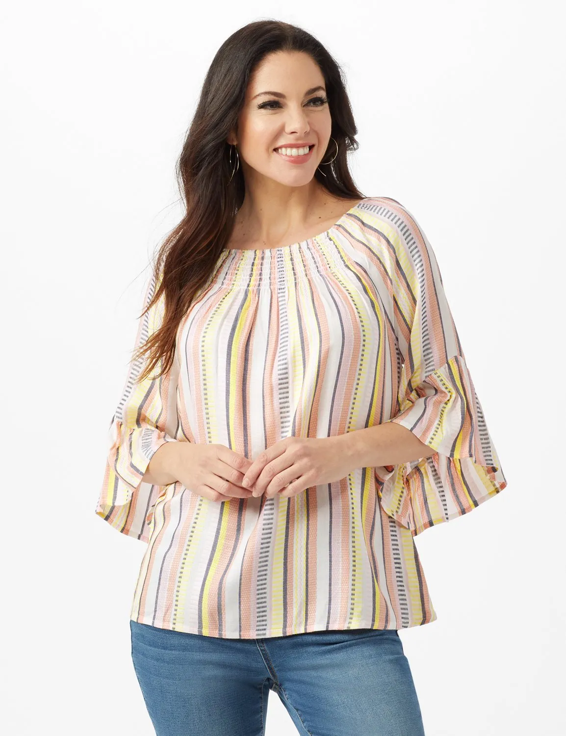 Textured Stripe Flared Sleeve Top