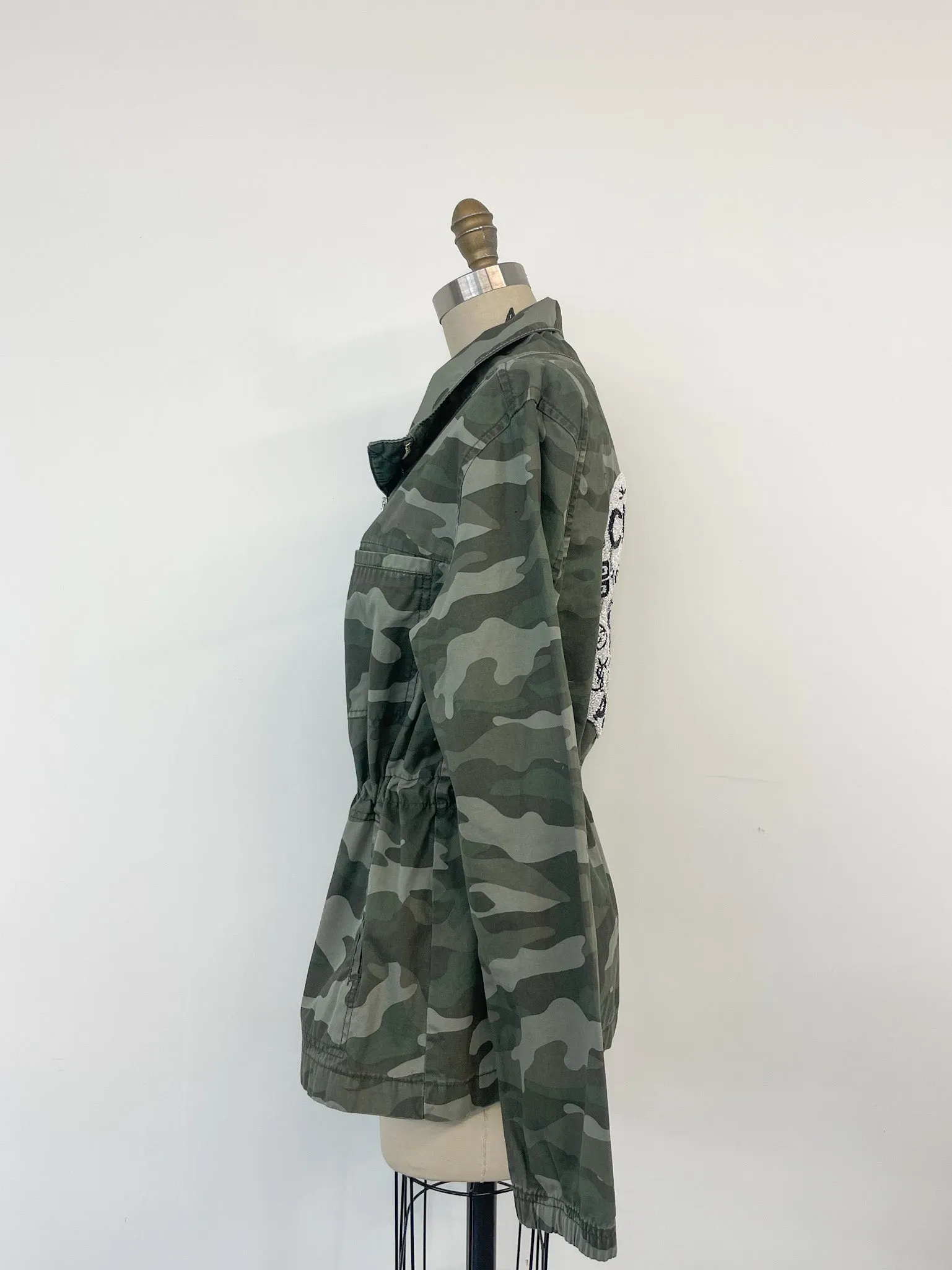 Upcycled Army Camo Jacket - Beaded Skull Patch