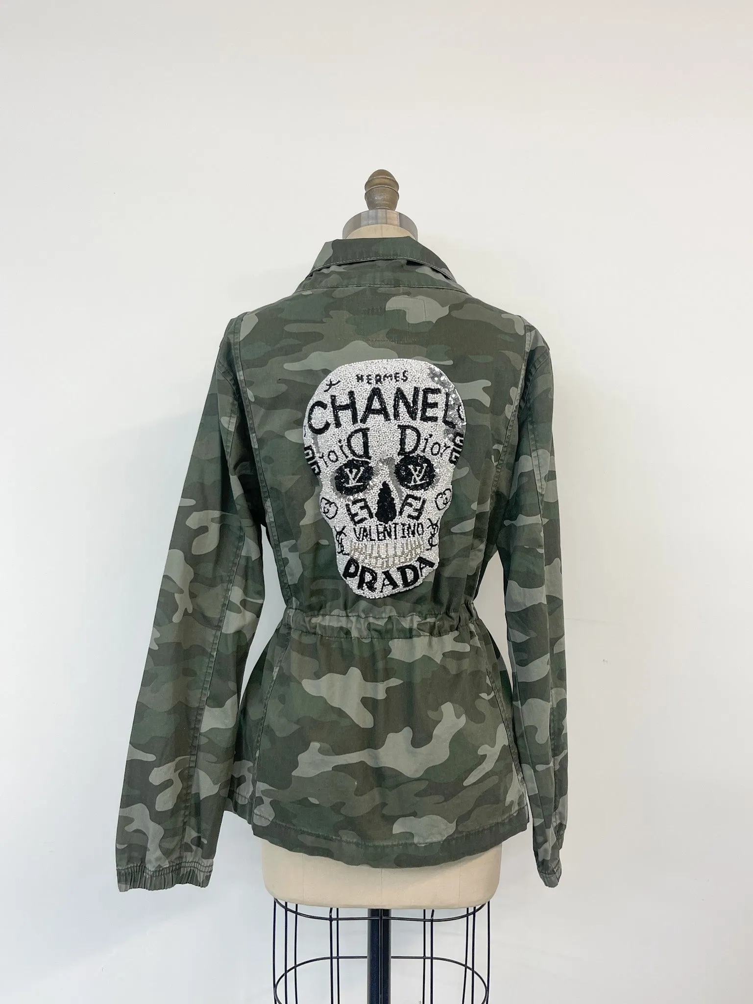 Upcycled Army Camo Jacket - Beaded Skull Patch